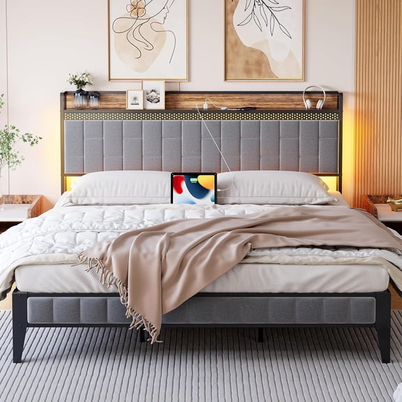 ChaoLink Full Size Bed Frame with Storage Headboard, LED Platform Bed Frame, Charging Station, Easy Assembly