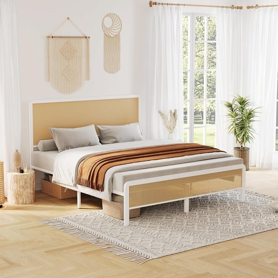 ChaoLink Full Size Rattan Bed Frame with Headboard, Modern Style Cane Boho Bed Frames with Heavy Duty Sturdy Steel Slat Support, No Box SpringWhite