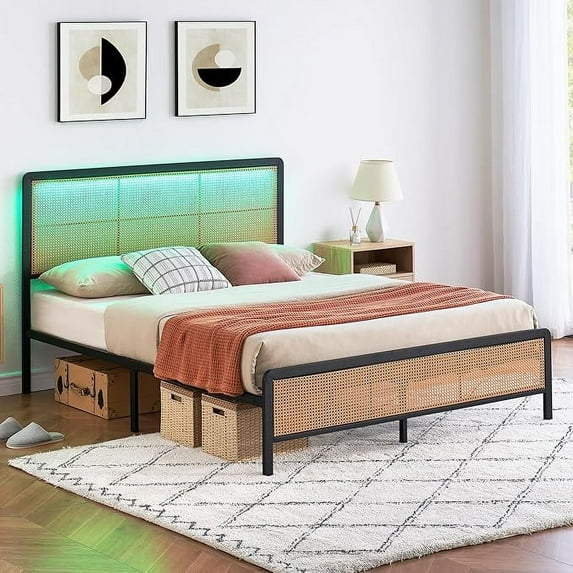 ChaoLink Full Size Rattan Bed Frame with Headboard, Modern Style Cane Boho Bed Frames with Heavy Duty Sturdy Steel Slat Support, No Box Springblack