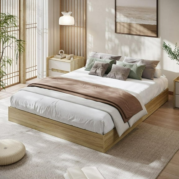 ChaoLink Full Size Wood Platform Bed Frame, No Headboard, Floor-Standing, Wooden Slats, Walnut, No Box Spring Needed