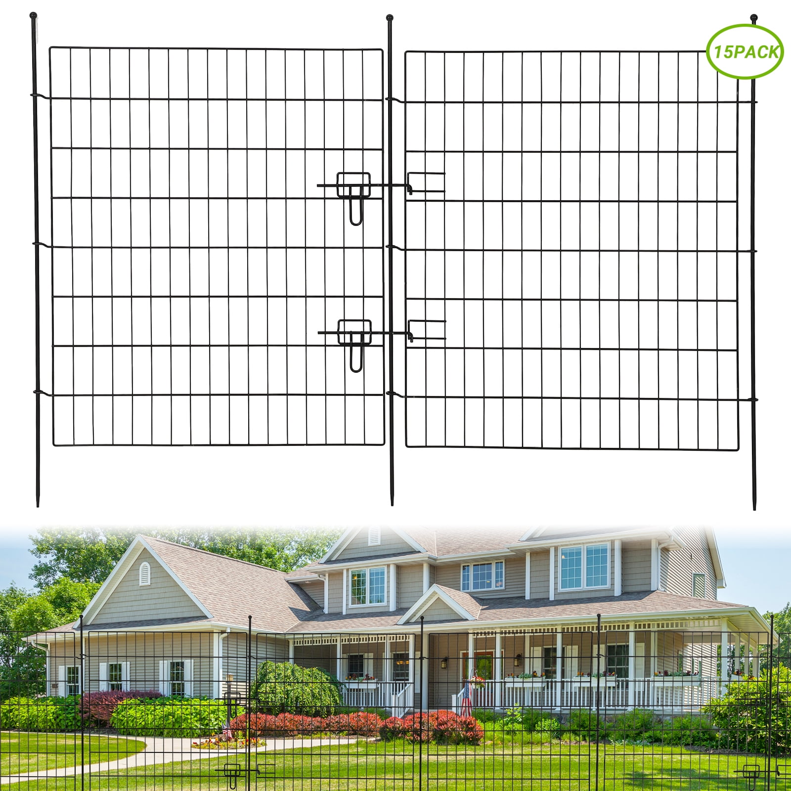 ChaoLink Garden Fence,15 Panels No Dig Decorative Fence for Outdoor ,Yard, Patio,29*32 in Animal Barrier Rustproof Metal Wire Panel,Temporary Dog Fence Flat With doorFlat top，29w×32h in