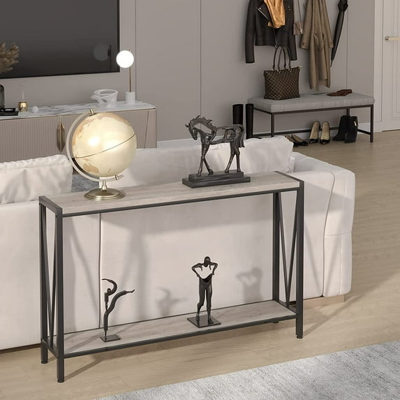 ChaoLink Grey Console Table, 42.9in Grey Entryway Table with Storage, Wood and Metal 2-Tier Narrow Long Sofa Table with Shelf, Behind Couch Table, Console Tablegrey