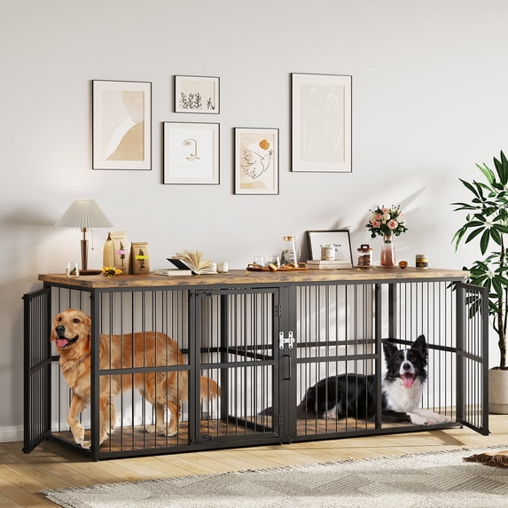 ChaoLink Heavy Duty Double Dog Crate with Divider, 87'' Extra Large Dog Kennel Furniture for 2 Medium Large Pets, 3 Door Pet Cage Indoor, Wooden TV Stand, Rustic Brown+Blackblack