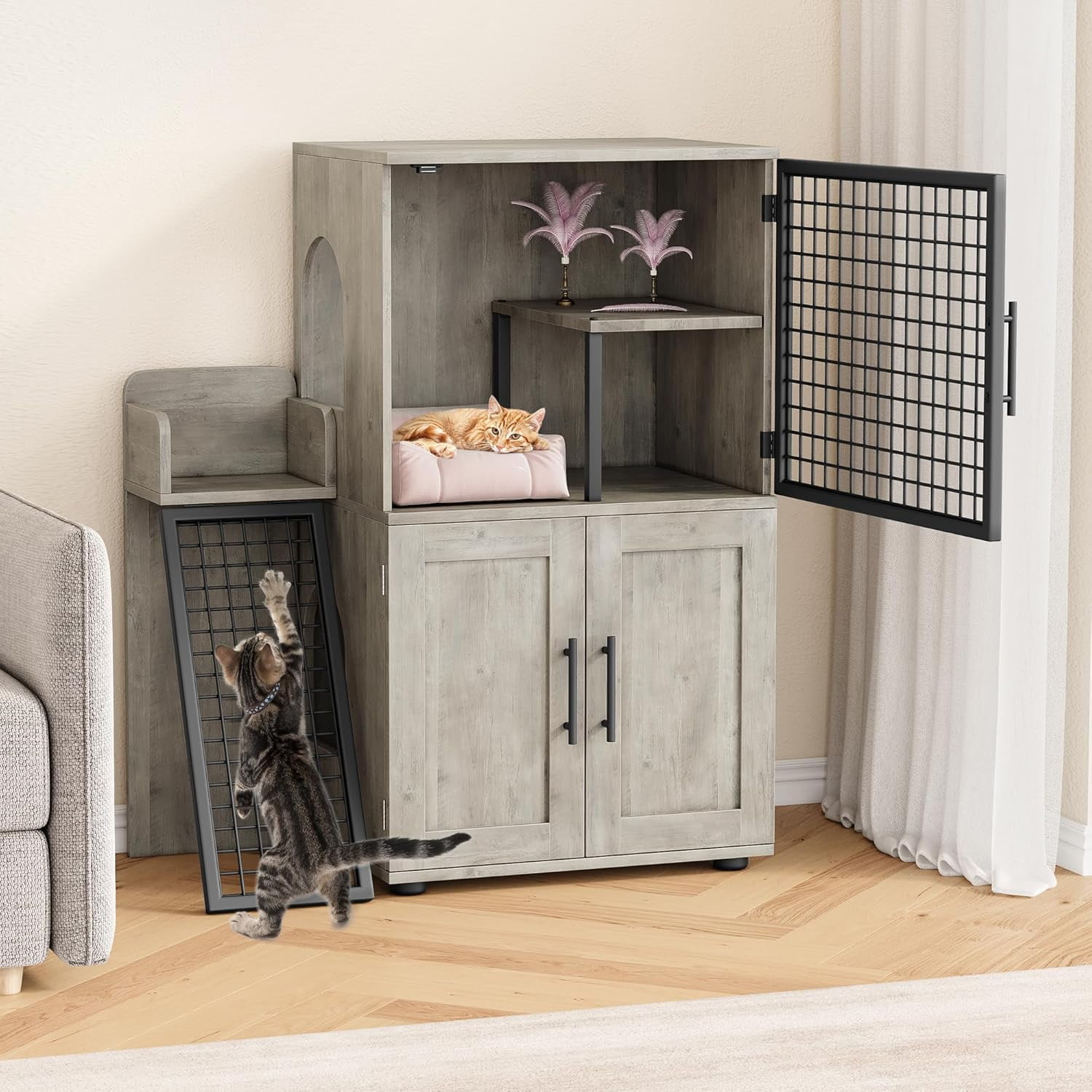 ChaoLink Hidden Cat Litter Box Enclosure, Modern Villa Cat Cabinet with Ladder, Cat Washroom Indoor, Cat House, GreyGray