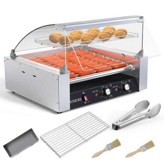 ChaoLink Hot Dog Machine 1650W, 11 Rollers 30 Hot Dog Grill Cooker Machine with Warming Cover,LED Lighting, Removable Drip Tray, Stainless Steel Hot Dog Roller for Commercial Usewith glass cover