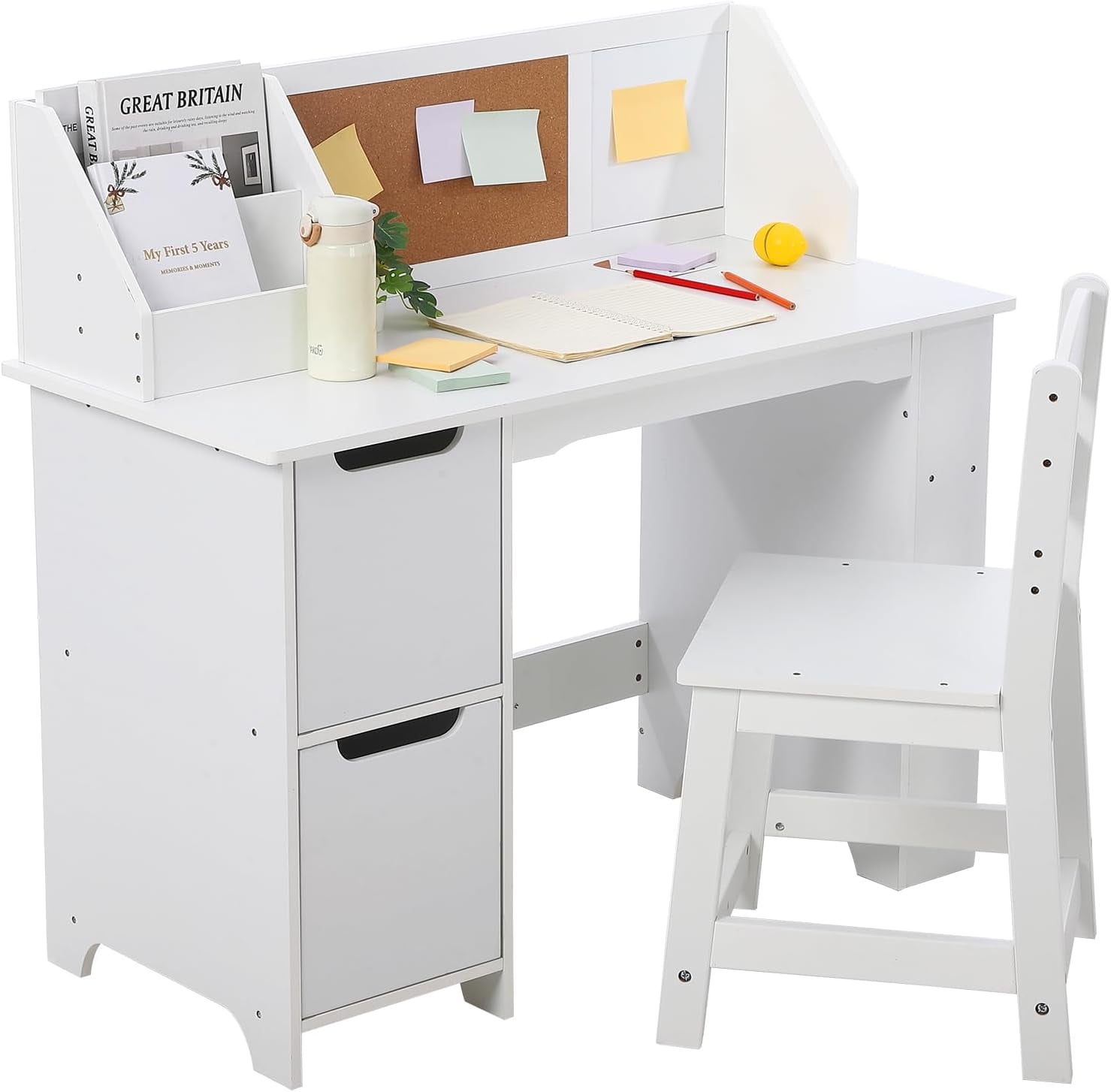 ChaoLink Kids Study Desk and Chair Set, Wooden School Learning Table with Storage, Hutch and Bulletin Board, Children Computer Desk with Chair, Small Toddler DeskWhite