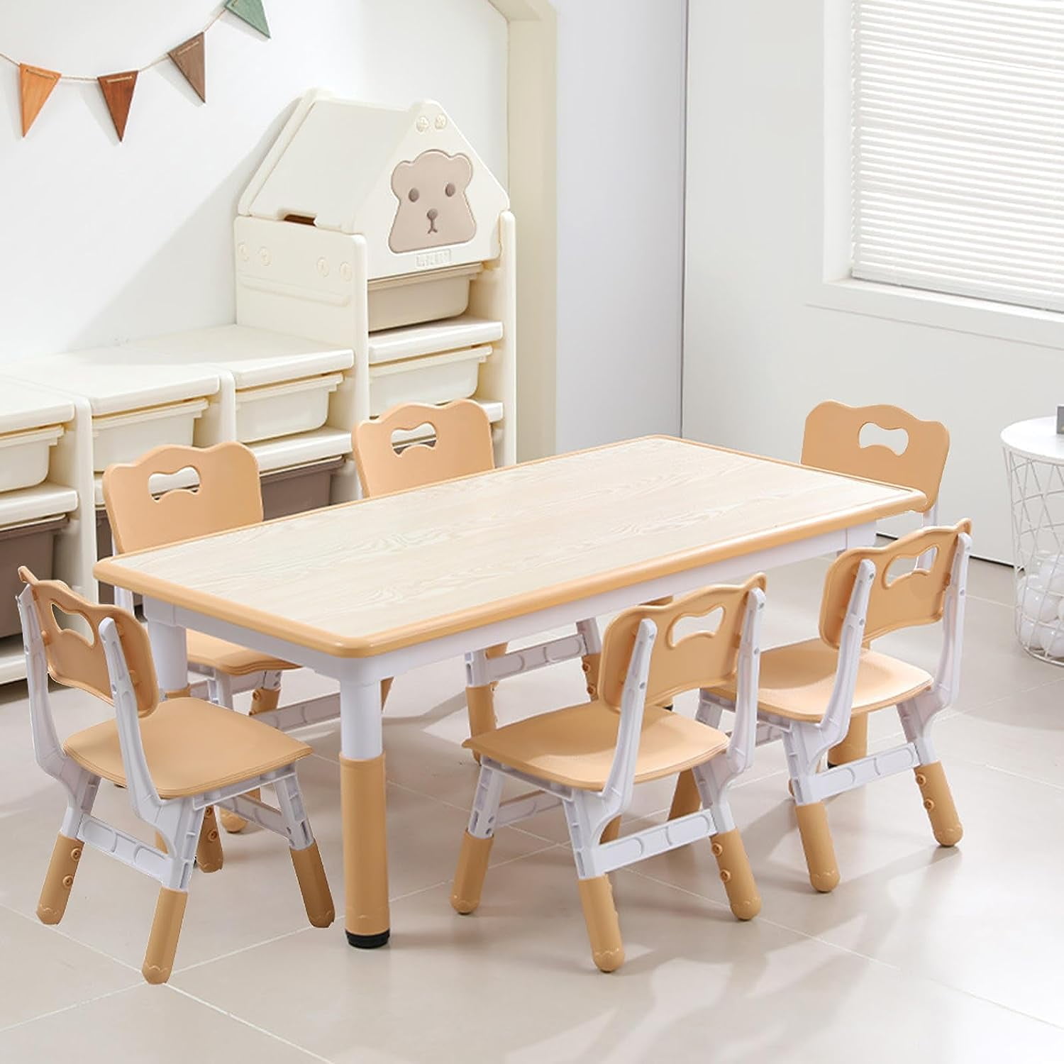 ChaoLink Kids Table and Chairs Set of 7, Adjustable Desk with 6 Seats, Arts & Crafts Table, Non-Slip Legs, Multi-Activity Table