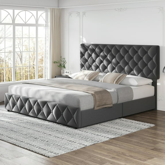 ChaoLink King Bed Frame with 4 Storage Drawers and Headboard, Linen Upholstered Platform Bed Frame, Diamond Stitched Button Tufted, Easy Assemble, Noise-Free & No Box Spring Needed