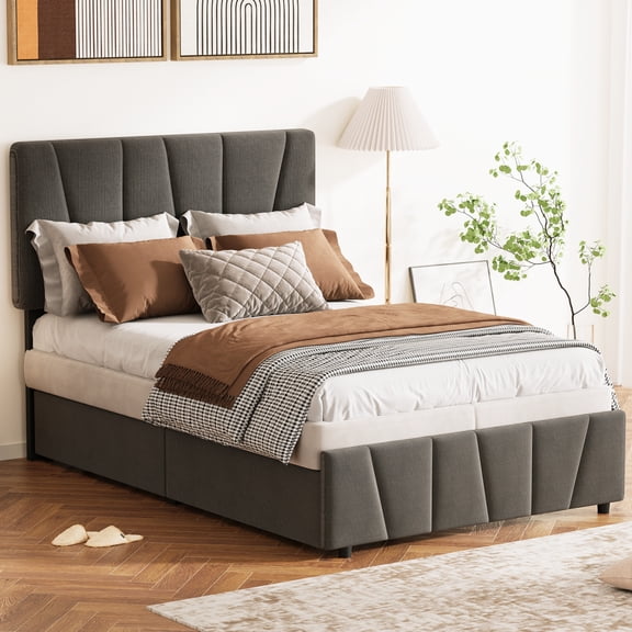 ChaoLink King Bed Frame, Linen Upholstered Platform Bed Frame with 2 Storage Drawers and Adjustable Headboard, Wooden Slats Supports Bed Base, No Box Spring Needed