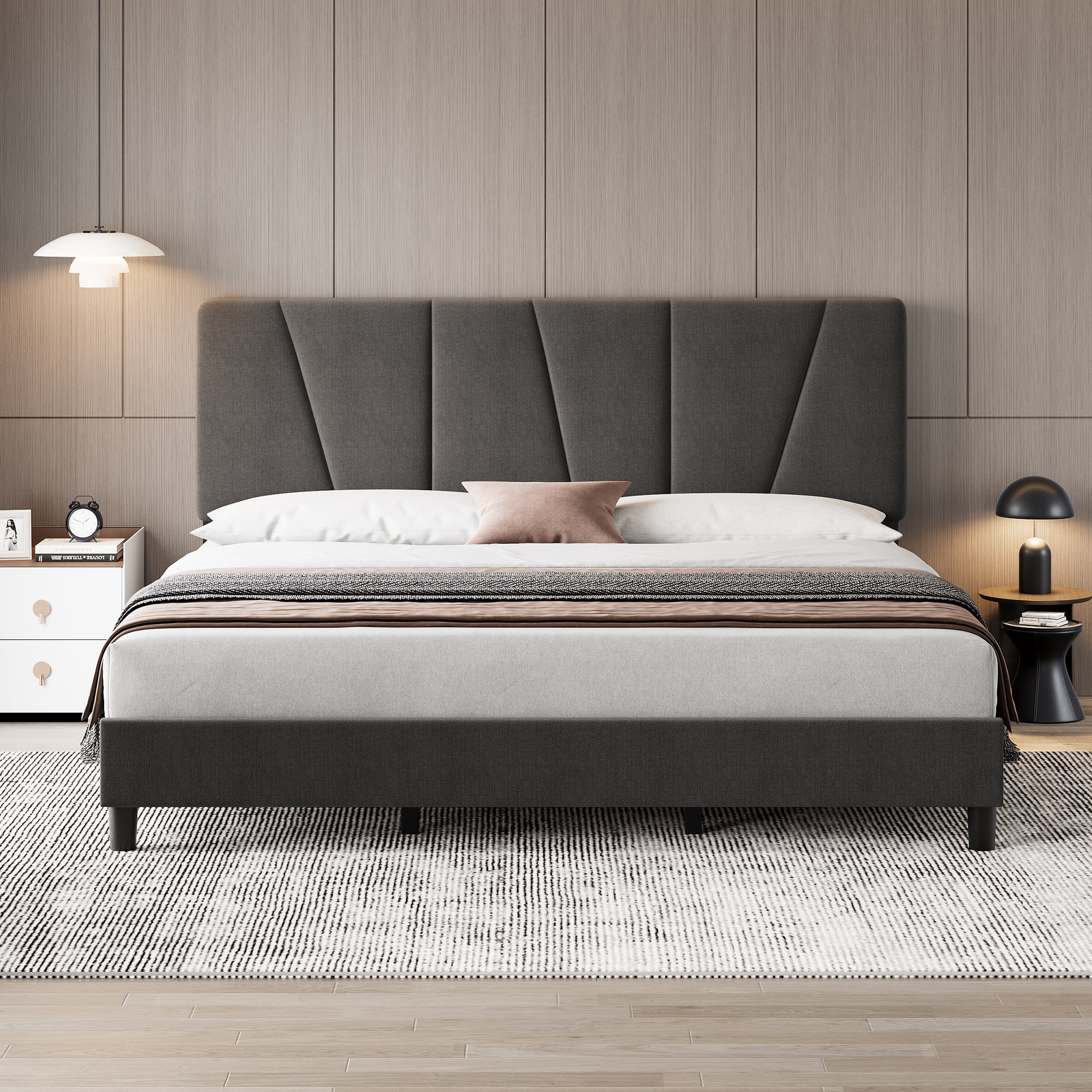 ChaoLink King Size Bed Frame with Adjustable Headboard, Velvet Upholstered Platform Bed Frame with Wooden Slats Support, No Box Spring NeededDark gray