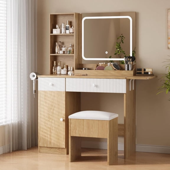 ChaoLink Makeup Vanity with Lighted Mirror, Vanity Desk with Power Strip, Adjustable Lighting, Drawers and Cushioned Stool