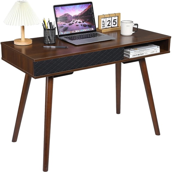 ChaoLink Modern Simple Home Office Desk, Mid Century Modern Computer Writing Desk with Drawer Solid Wood Legs and Open Storage Cubby, Small Vanity Table DeskBlack