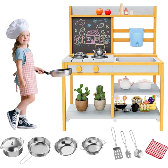 ChaoLink Outdoor Wood Mud Kitchen & Potting Bench, Kids Gardening Playset w/Planter Box, Sink & Storage Shelf