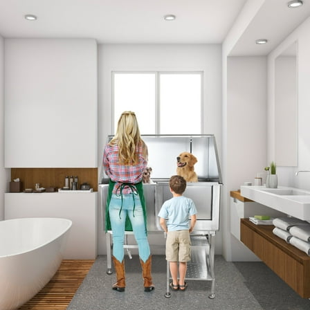 ChaoLink Professional Dog Grooming Bathtub, Stainless Steel Dog Washing Tub with Stairs, Faucet, Left Sliding Door