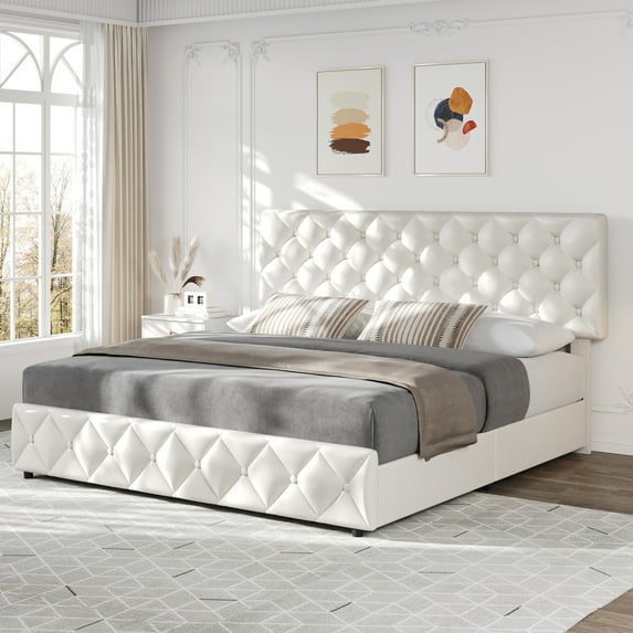 ChaoLink Queen Bed Frame with 4 Storage Drawers and Headboard, Linen Upholstered Platform Bed Frame, Diamond Stitched Button Tufted, Easy Assemble, Noise-Free & No Box Spring Needed