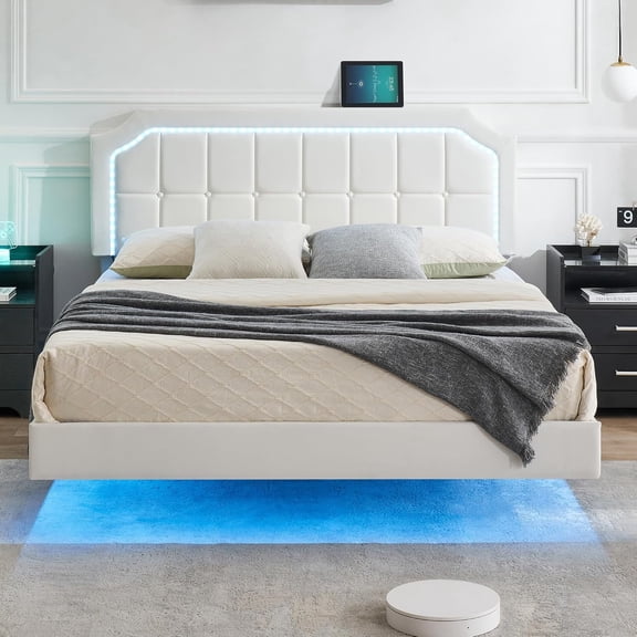 ChaoLink Queen Bed Frame Floating Bed Frame with RGB Led Lights, Upholstered Platform Bed with Adjustable Headboard, Button Tafted Headboard No Box Spring Needed, Easy to Assemble