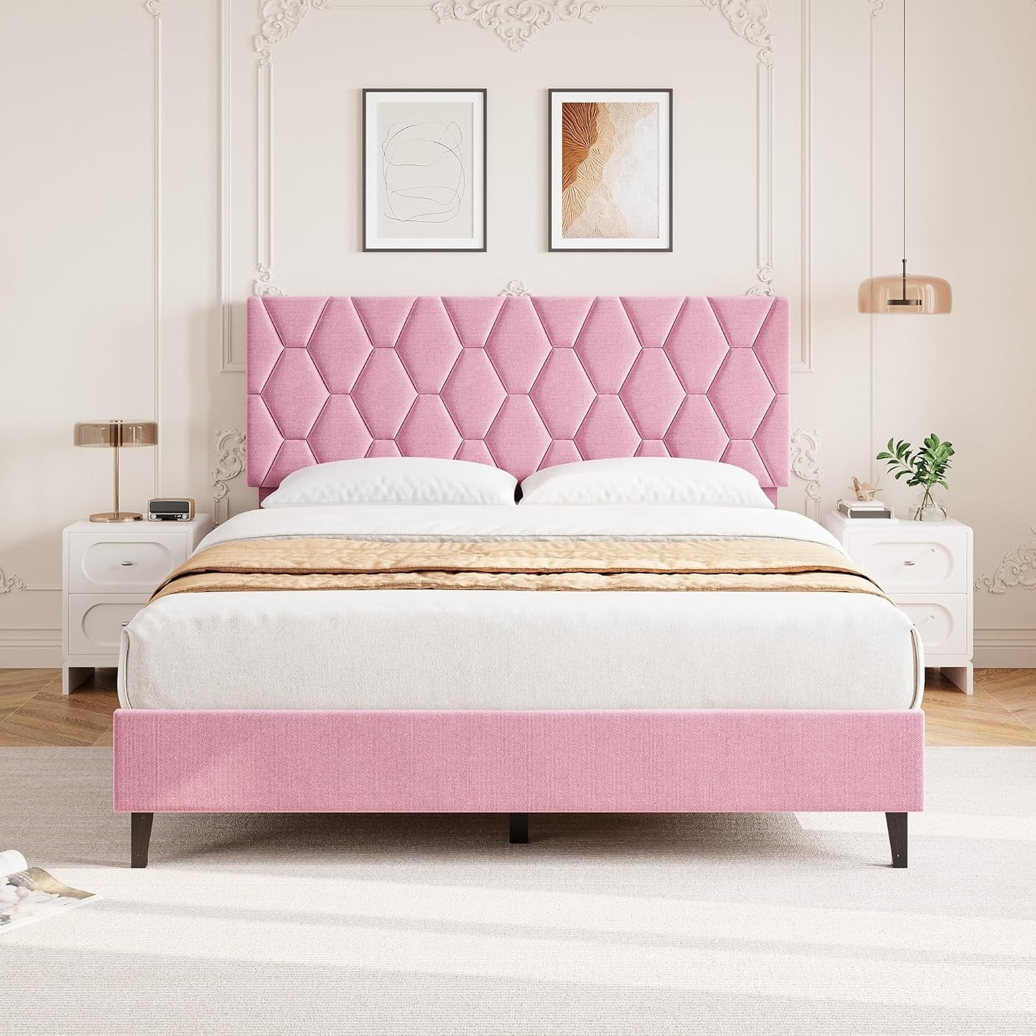 ChaoLink Queen Bed Frame with Upholstered Headboard, Wood Slat Platform, No Box Spring Needed, Noise-Free, Easy Assembly, Pink