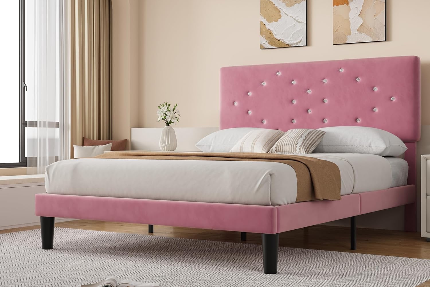 ChaoLink Queen Bed Frames with Button Tufted Headboard, Linen Upholstered Platform Bed with Wooden Slats Support, Princess Bed Frame for Girls, Easy Assembly, No Box Spring Required, Pink