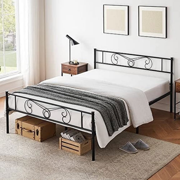 ChaoLink Queen Size Metal Platform Bed Frame, Vintage Victorian Style, Bed Mattress Foundation with Storage No Box Spring Needed Noise Free Easy Assemblyblack