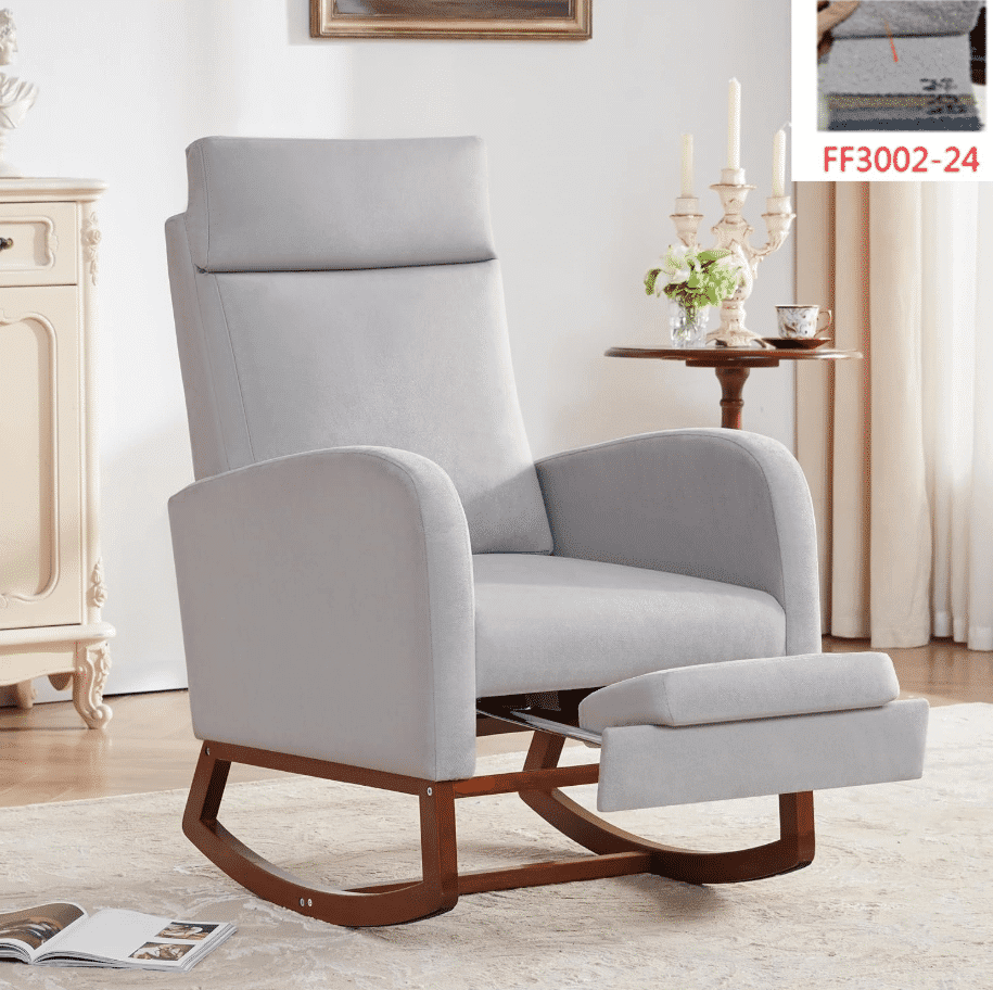 ChaoLink Rocking Chair, Wingback Accent Rocker Chair Upholstered Tall Back Arm Chair w/Side Pockets, Ursing Rubber Wood Legs and Side Pocket for Living Room