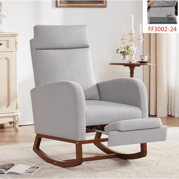ChaoLink Rocking Chair, Wingback Accent Rocker Chair Upholstered Tall Back Arm Chair w/Side Pockets, Ursing Rubber Wood Legs and Side Pocket for Living Room