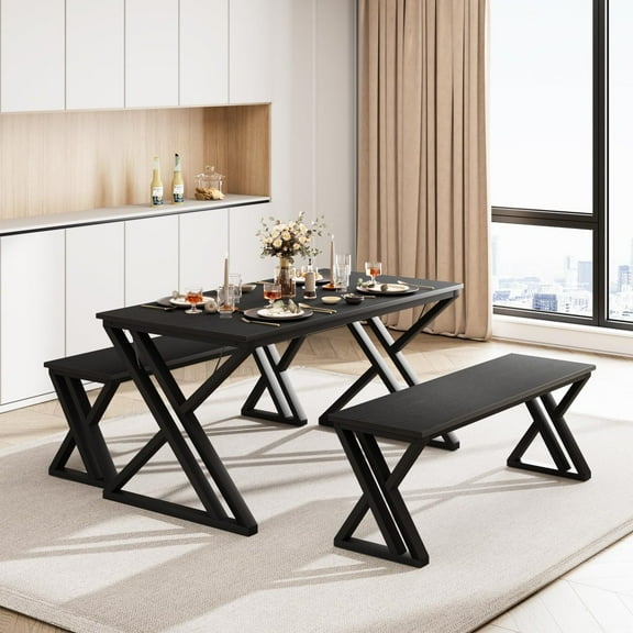 ChaoLink Sturdy Black Metal Frame Kitchen Table Set with Benches for 4