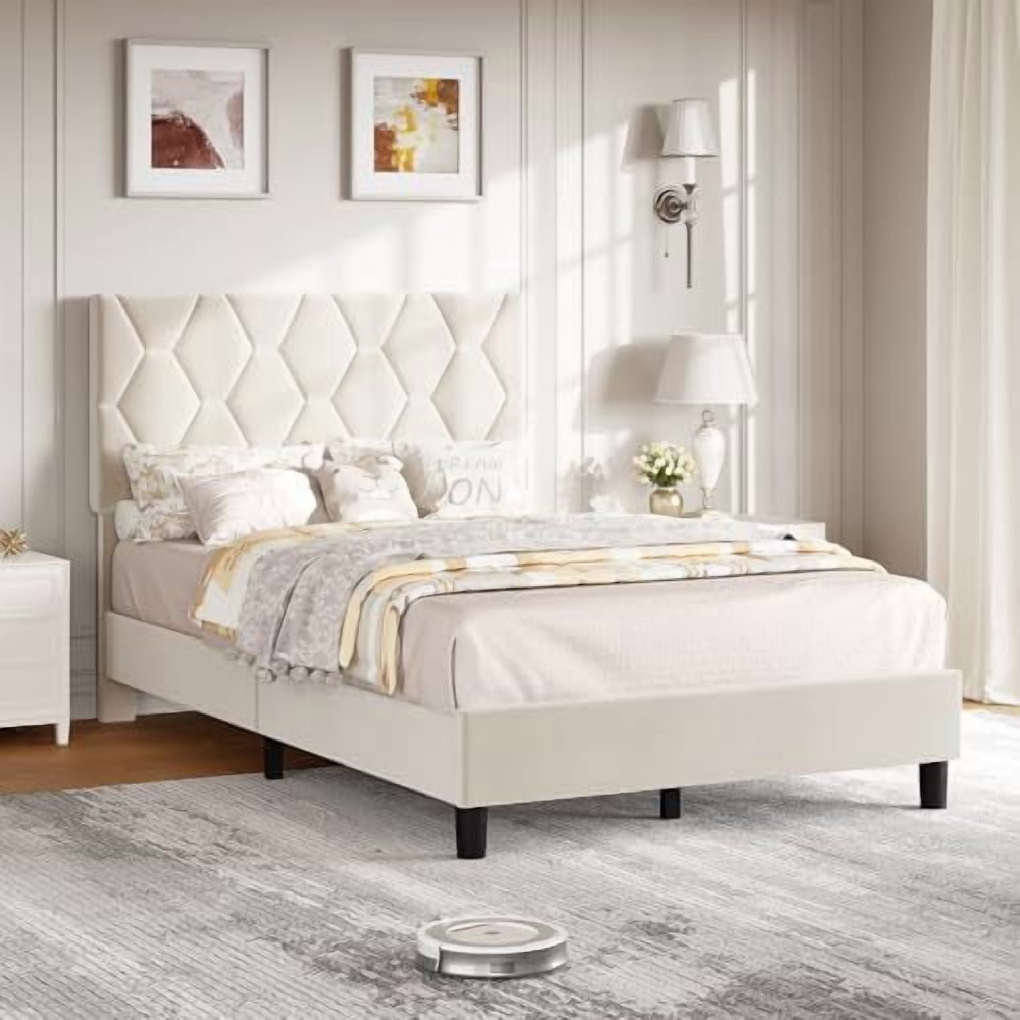 ChaoLink TWIN Size Platform Bed Frame with Upholstered Headboard, Fabric Upholstered Bed Frame with Adjustable Headboard, Bed FrameBeige linen