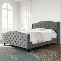 ChaoLink Tufted Upholstered Platform Queen Bed Frame with Headboard and Footboard, Velvet Platform Bed Raised Wing Back Headboard (Grey, Queen)Grey