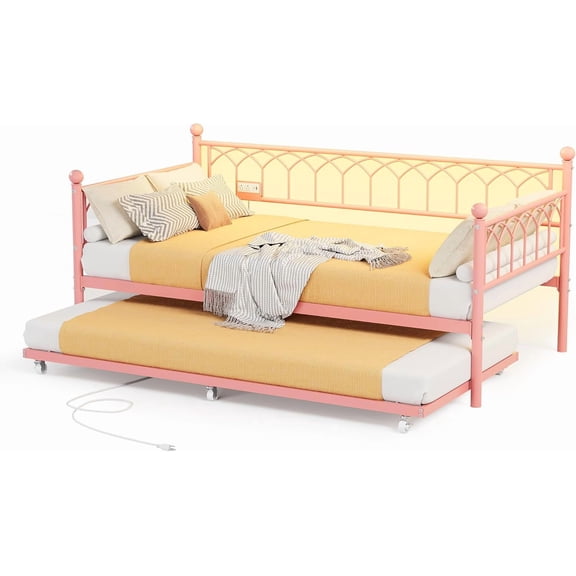 ChaoLink Twin Bed Frame Daybed with Trundle, Metal Day Bed Frame with LED Lights & Charging Station, Pull-Out Trundle Bed with USB Ports for Bedroom, Living Room, Guest Room, Small Spaces, Pink