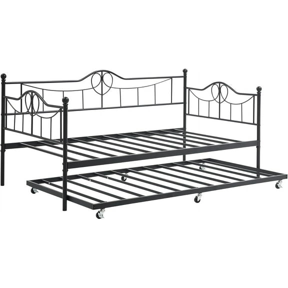 ChaoLink Twin Bed Frame Metal Bed Frame with Trundle,Heavy Duty Pull-Out Daybed Sofa Bed with Headboard and Side Armrests, Easy Assembly for Living Room, Bedroom, or Guest Room