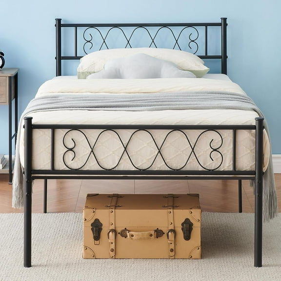 ChaoLink Twin Bed Frame Metal Bed Frame with Heart Design Headboard, Under Bed Storage, No Box Spring Needed, Black