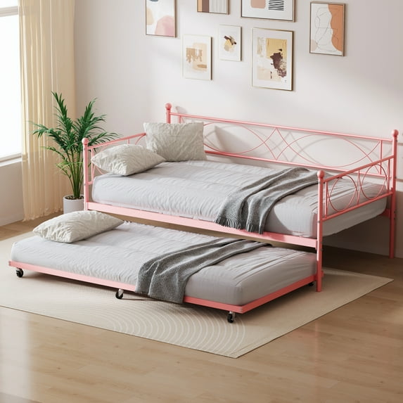 ChaoLink Twin Bed Frame Metal Daybed Frame with Trundle, Heavy Duty Metal Slats, Mattress Foundation Platform Sofa Bed with Lockable Casters for Bedroom, Living Room, Guest Room