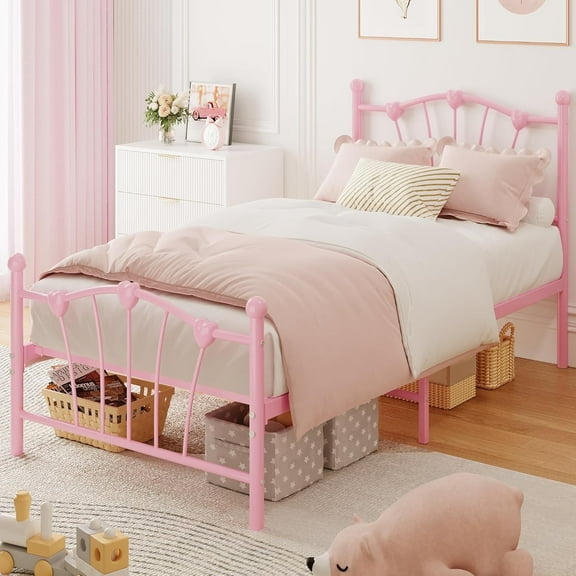 ChaoLink Twin Bed Frame Riedhoff Bed Frame for Girl, with Headboard, No Box Spring Needed, Pink