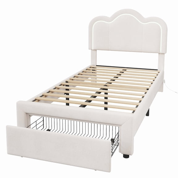 ChaoLink Twin Bed Frame Smart LED Upholstered Bed Frame - Adjustable Mountain Headboard, PU Leather Platform, Wooden Slat Support, No Box Spring Needed, Easy Assembly