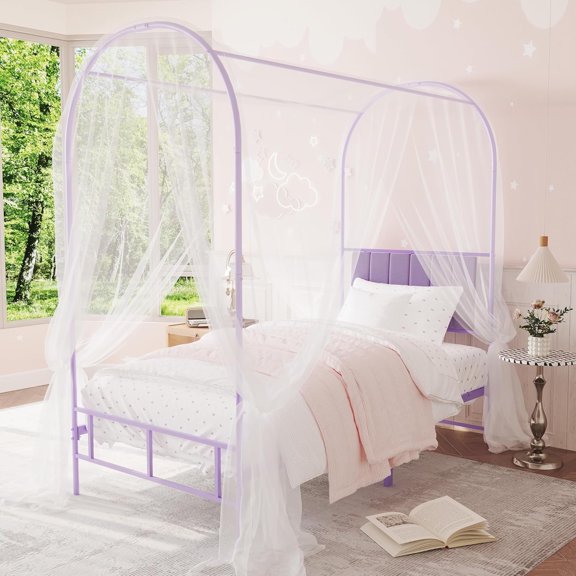 ChaoLink Twin Canopy Bed Frame with Upholstered Headboard, Metal Platform, Strong Slats, Underbed Storage, No Box Spring, Purple