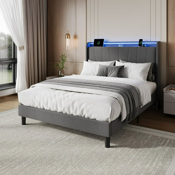 ChaoLink Twin LED Bed Frame with Charging Station, Upholstered Platform Bed with Headboard, Storage, Wood Slats