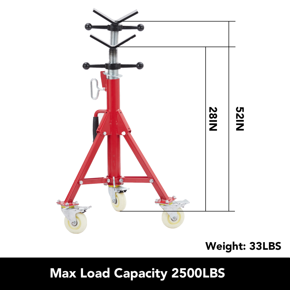 ChaoLink V-Head Pipe Jack Stand w/ Casters, 28-52 Inch Adjustable Height, 1/8"-12" Pipe Capacity, 2500 lb Heavy Duty Carbon Steel Jack Stand