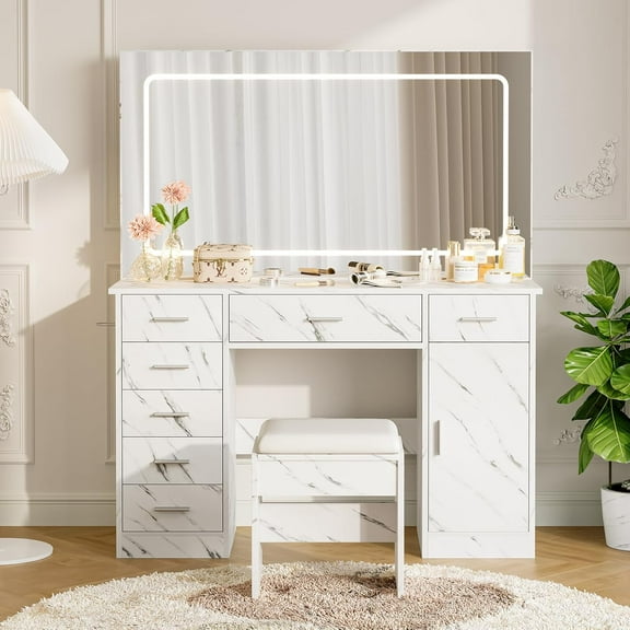 ChaoLink Vanity Desk with Large Mirror and Lights, Makeup Vanity with Power Outlet, 7 Drawers & Cushioned Stool, 3 Lighting Color Adjustable, Dressing TableWhite-2