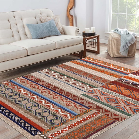 ChaoLink Washable 1150Gsm Pearl Velvet Cotton Tpr Carpet with Geometric Design - Green Tiles, Red Walls, Rice Color, 5*7ft