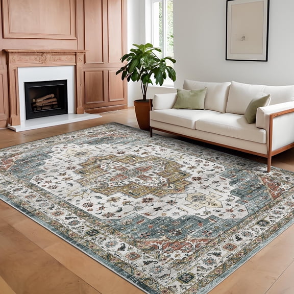 ChaoLink Washable 1150Gsm Velvet Pearl Carpet: Som-Persia-Reborn Camel green, 9*12ft, Washable Back, Folding & Printed