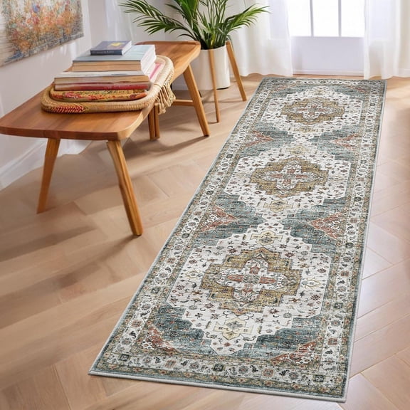 ChaoLink Washable 1150Gsm Velvet Pearl Velvet Printed Folding Carpet with Washed Back - Som-Persia-Reborn Camel Green, 2*6ft