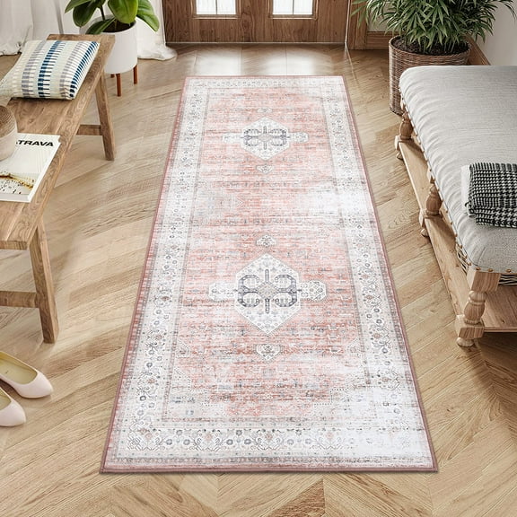 ChaoLink Washable 2'*6' Long Vintage Distressed Print Boho Non-Slip Light Orange Runner Rug for Bedroom and Laundry Room