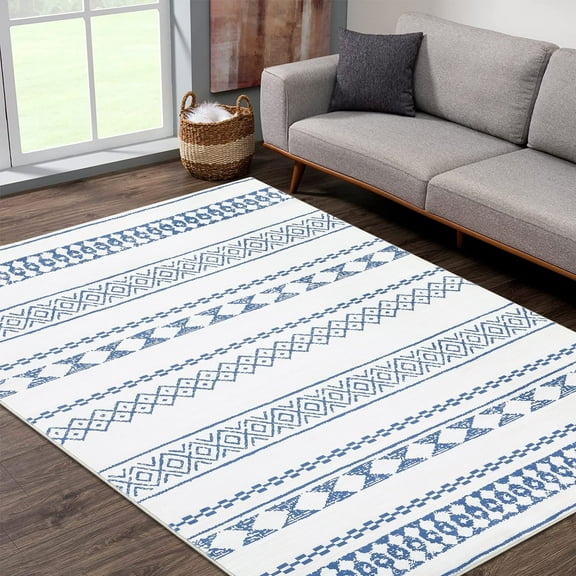 ChaoLink Washable 8'*10' Blue Geometric Moroccan Indoor Non-Slip Low Pile Foldable Area Rug for Bedroom