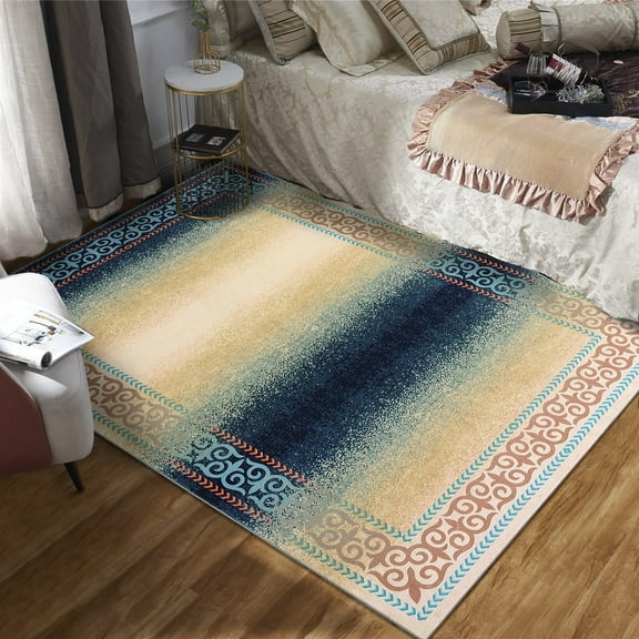 ChaoLink Washable 9'*12' Modern Ombre Border Area Rug - Non-Slip, Soft, Stain Resistant, Gradient Accent Carpet for Living Room, Blue