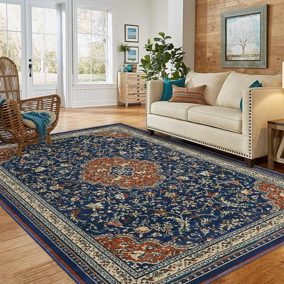 ChaoLink Washable 9'*12' Monaco Collection Runner Rug with Boho Chic Medallion Distressed Design, Non - Shedding & Easy Care, Ideal for Bedroom - Navy Blue & Orange Blue