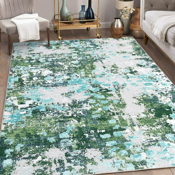 ChaoLink Washable Modern Abstract 8*10 Area Rug - Soft Boho Throw Rug, Non-Shedding, Non-Slip Indoor Carpet for Office & Dining Room, Gray/Green Green Gray 8ft*10ft
