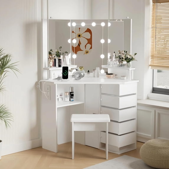 ChaoLink White Corner Vanity Desk with Mirror & Lights, 5 Drawers, Adjustable Brightness, Vanity Table with Stool
