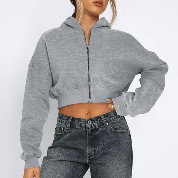 Chaoheng Fall Outs for Women 2025 Women's Solid Color Cropped Hoodie,Long Sleeve Ribbed Cuff Crop Top,Casual Streetwear Fall Fashion