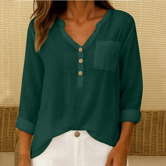 Chaoheng Ladies Short Sleeve Shirts Women's V-Neck Button Placket Top Linen Blend Short Sleeve Tee