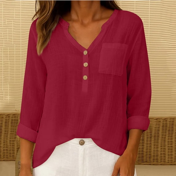 Chaoheng Ladies Short Sleeve Tops Women's V-Neck Button Placket Top Linen Blend Short Sleeve Tee